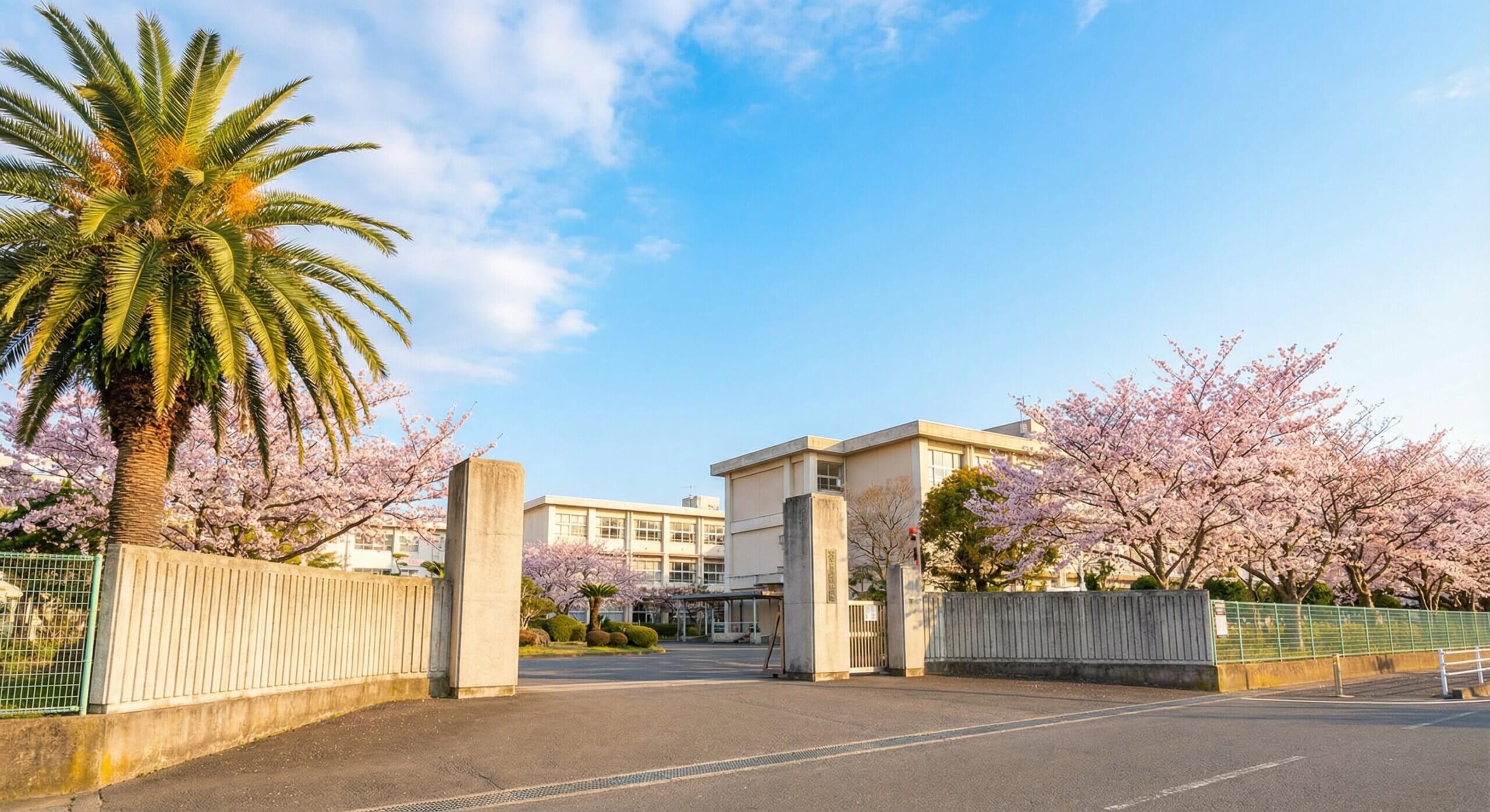 満開の桜と晴れ渡る青空の下にある宮崎西高校の正門。希望に満ちた合格の春を象徴する風景。