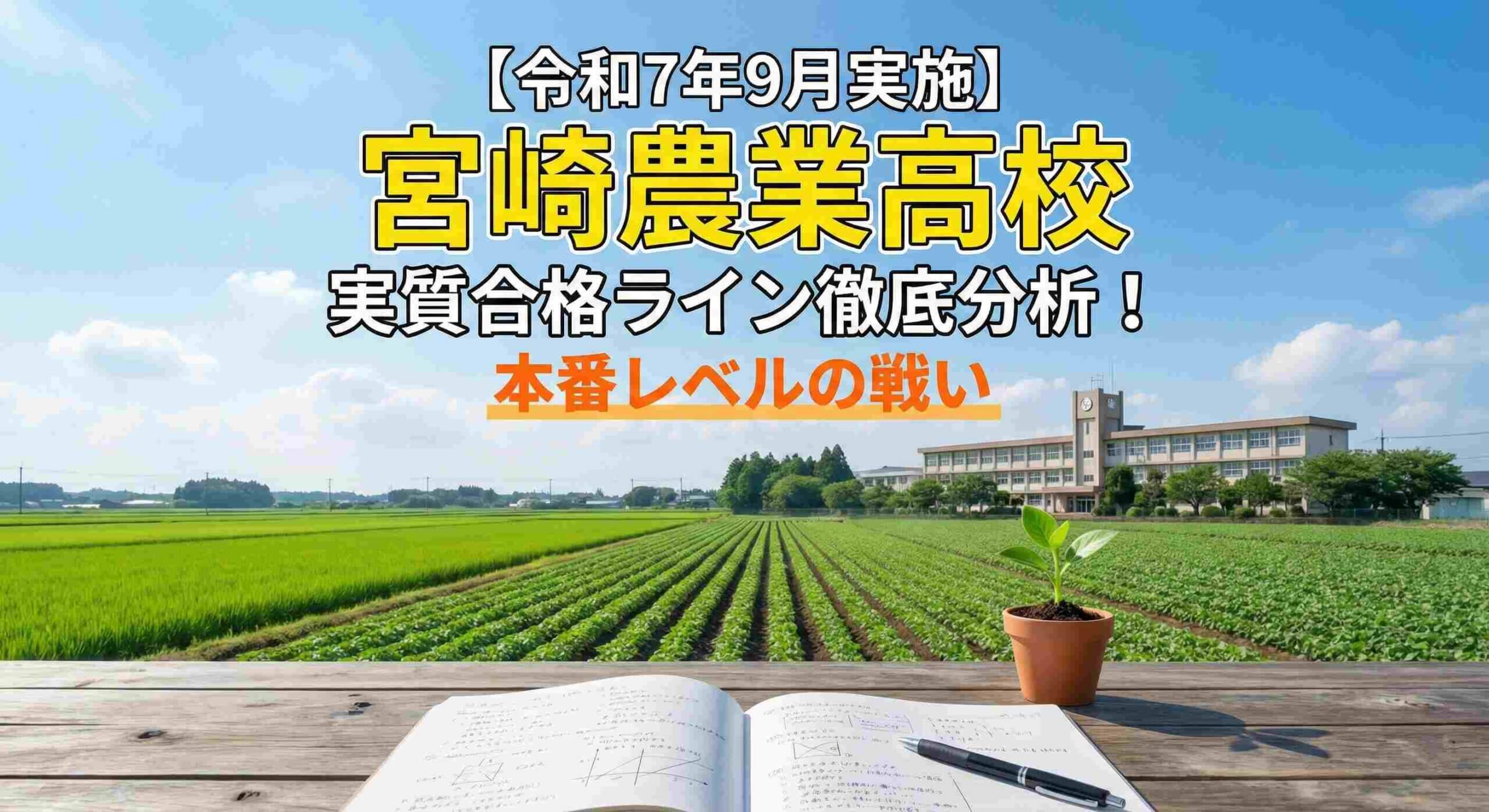 広大な農場と校舎を背景に、勉強道具と植物の芽が置かれた机。「【令和7年9月実施】宮崎農業高校 実質合格ライン徹底分析!本番レベルの戦い」という文字が記載されたアイキャッチ画像。