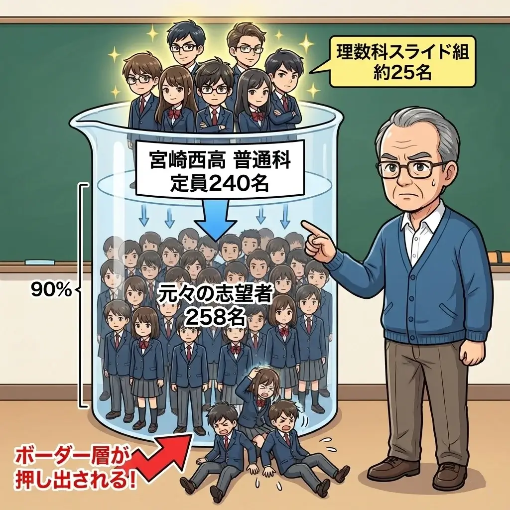 理数科からの高得点スライド組が普通科の上位枠を埋め、ボーダー層が押し出される図解