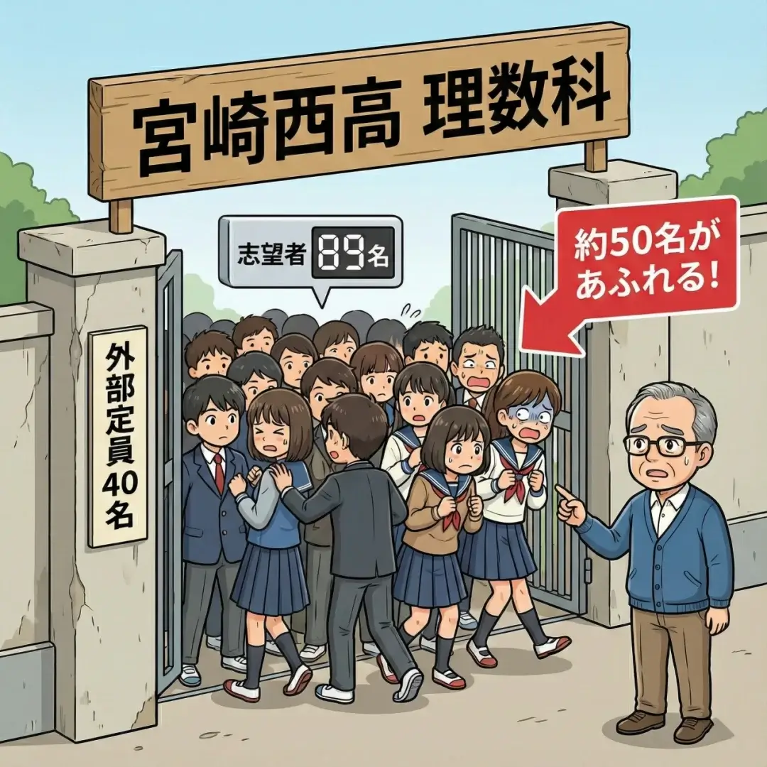 宮崎西高校理数科の外部定員40名に対し89名が殺到し、約50名があふれている図解