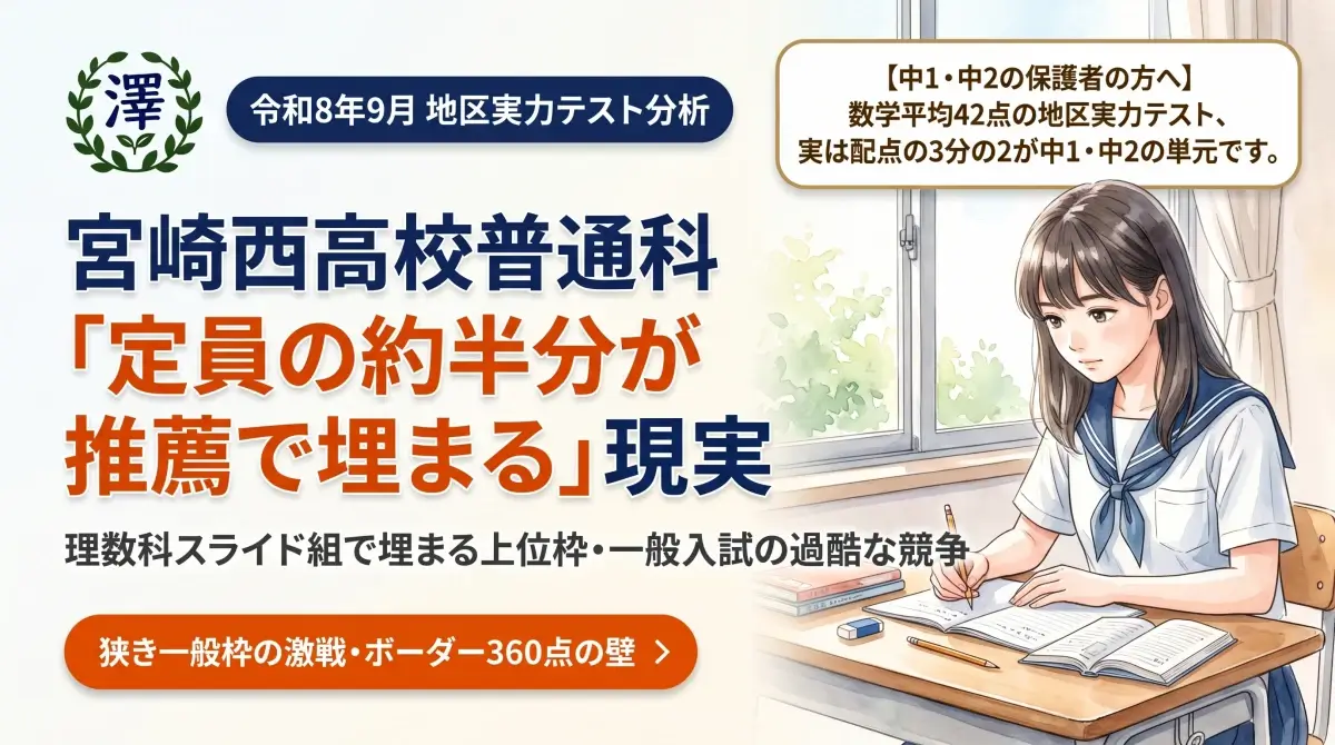 令和8年9月地区実力テスト宮崎西高校普通科の合格ボーダーライン分析とスライド流入解説（澤塾個別清武校）